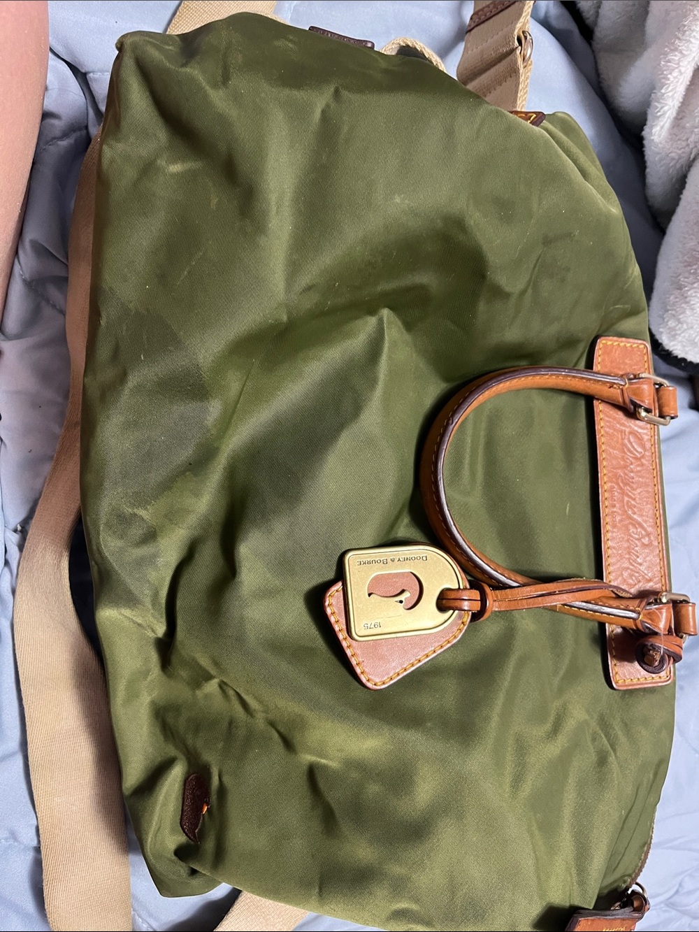 Olive Green Nylon Tote with Brown Leather Trim